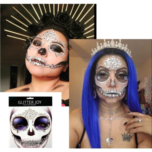 HFG18 Festival Skull Bone Face Jewel with Teeth Makeup Sticker for Carnival Night Clubbing Makeup Body Art