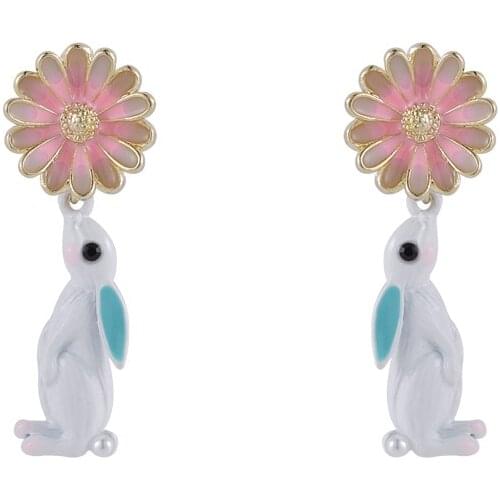 Cute Sweet Enamel Rabbit Flower Drop Earrings For Women Fashion Jewelry Lady Female Girl Ear Accessories Good Gift 2021 New