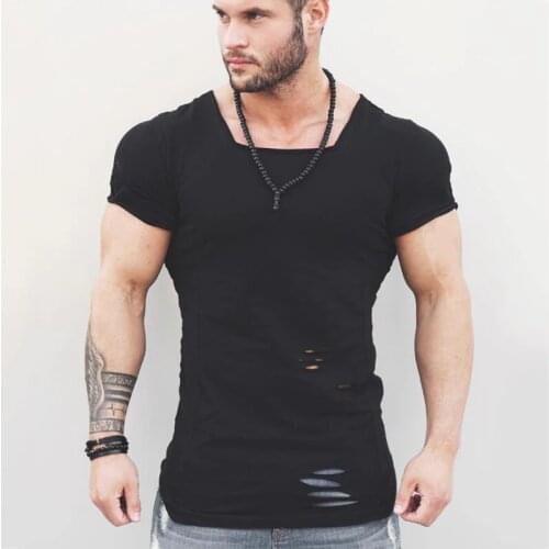 Muscleguys Brand 2020 New Fashion Solid T Shirt Mens Hip Hop Extend T Shirt Men Ripped Destroy Hole Cotton Fitness T shirt Homme