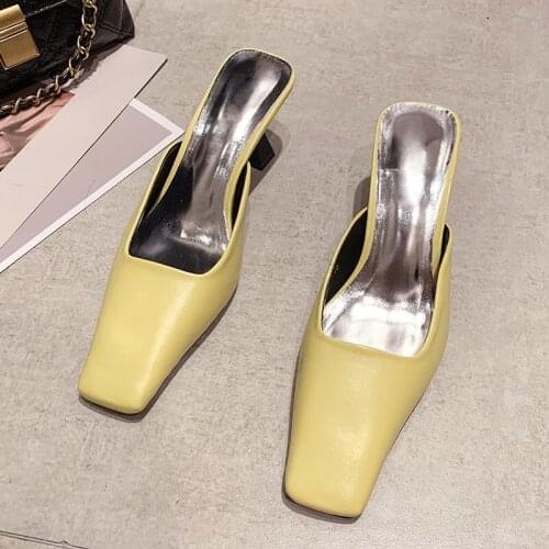 2021 Summer Fashion High Heels PU Solid Mules Shoes for Women Indoor Outdoor Office Slippers Sexy Ladies Slides Thin Heels Mules