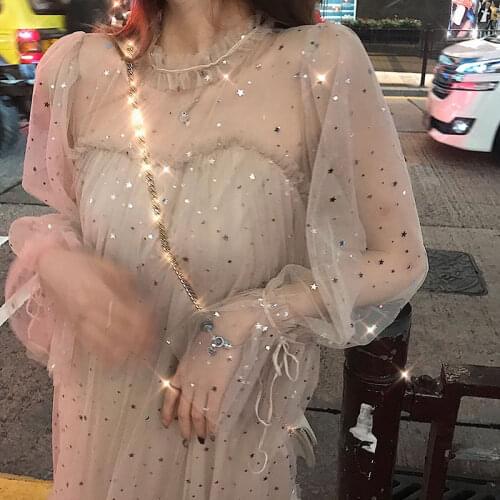 2020 Spring and Summer New Korean Style Bell Sleeve Dress Female Students Mid-Length Elegant over-the-Knee Fairy Dress
