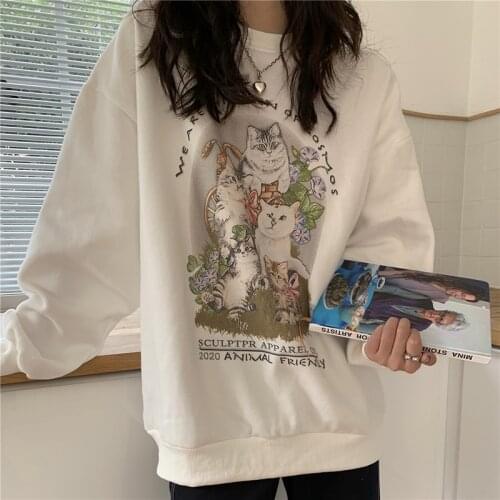 Autumn Cartoon Cat Print Round Neck Sweatshirt Pullover White Long Sleeve Thick Hoodie Jacket