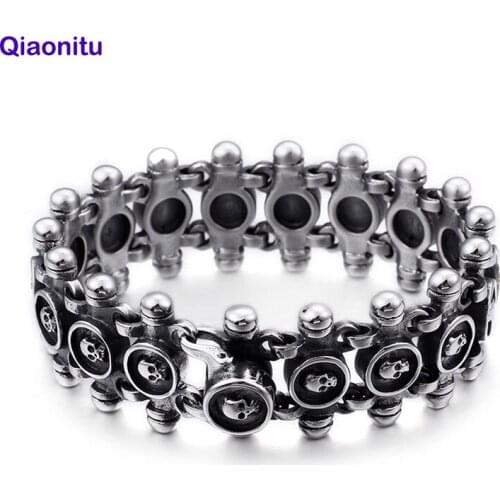 Punk 21.5cm Bike Skull Bracelets For Men Vintage Stainless Steel Matte Link Skull Charm Bracelets Gothic Biker Halloween Jewelry
