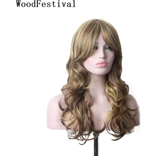 WoodFestival Synthetic Wigs With Bangs Long Hair Wig Female Cosplay Ombre Red Black Blonde Brown Two Color Women Wavy