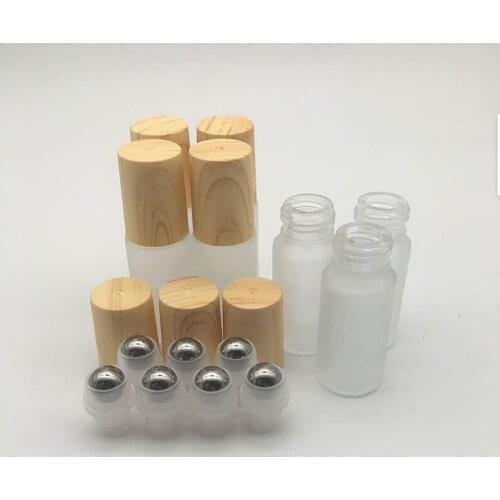 Clear Glass Roller Bottles Vials Containers with Metal Roller Ball and Wood Grain Plastic Cap for Essential Oil Perfume 10ml