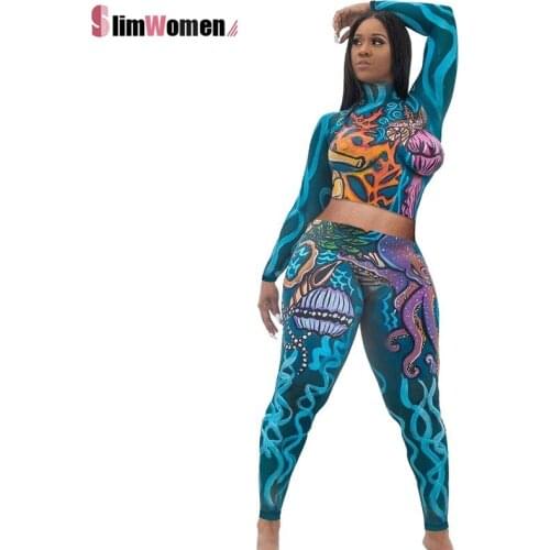 Christmas Funny Cartoon Print Festive Clothing 2pcs Women Fashion Colorful Tracksuit Two Piece Turtleneck Top Pants Set Autumn