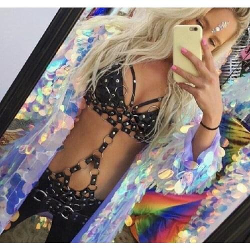 Sexy Women PU Leather Hollow Out Bodysuit Metal Body Chest Chain Belts Nightclub Party One Piece Bondage Lingerie Belts Harness