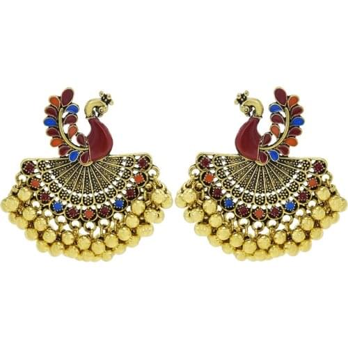 Vintage Indian Jewelry Tassel Pendant Earrings Bohemian Retro Gold Peacock Bell Wild Temperament Jewelry Earrings