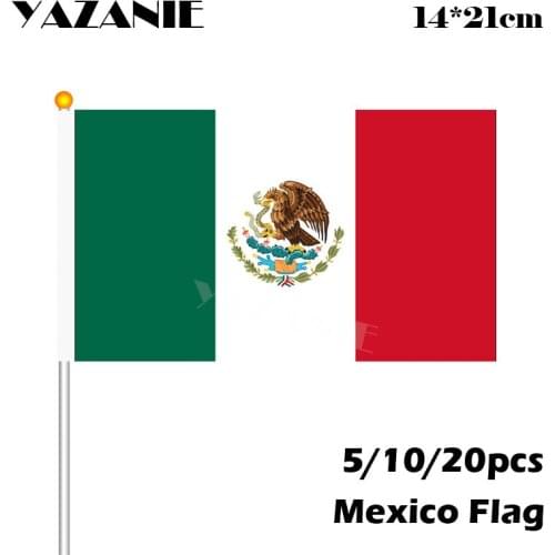 YAZANIE 14*21cm 5/10/20pcs Mexico World Cup Flags Printed 100% Polyester Mexico Hand Flags with Plastic Rod Mexican Waving Flag