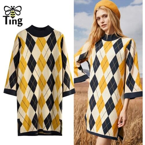 Tingfly Vintage Geometric Plaid Women Casual Knitting Straight Dress Winter Autumn Chic Streetwear Mini Short Dress with Belt Za