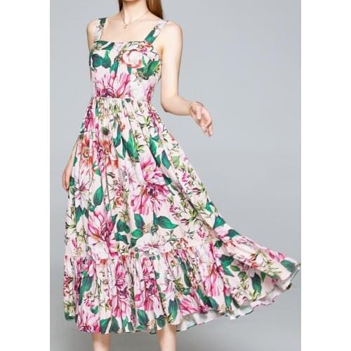 Womens spring summer sleeveless vintage flower print long dress female runway fashion high waist plus size dress TB778