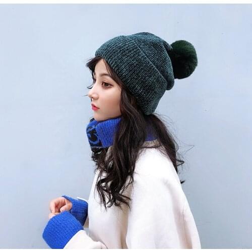 Winter Knitted Wool Skullies Beanie for Women Faux Rabbit Fur Pom Poms Ball Beanie Hats Fashions Girls Harajuku Bonnet Warm Caps