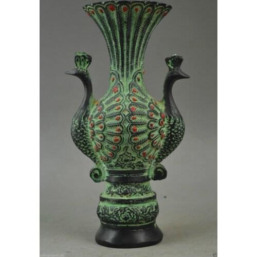 2pcs Old Decorated Carve Pair Auspicious Peacock Rare Noble Vase copper tools wedding Brass real Brass Bronzeroom