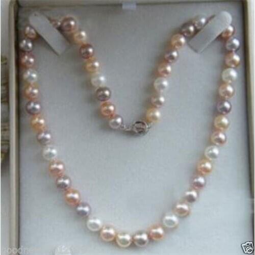 9-10MM Akoya Natural White Pink Purple Pearl Necklace 925silver Gold