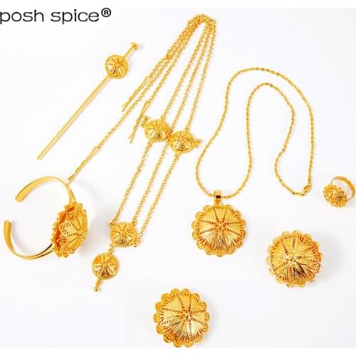 African Bridal Jewelry Ethiopian jewelry sets for Women hair chain necklace Clip ring hairpin Habasha bracelet Set