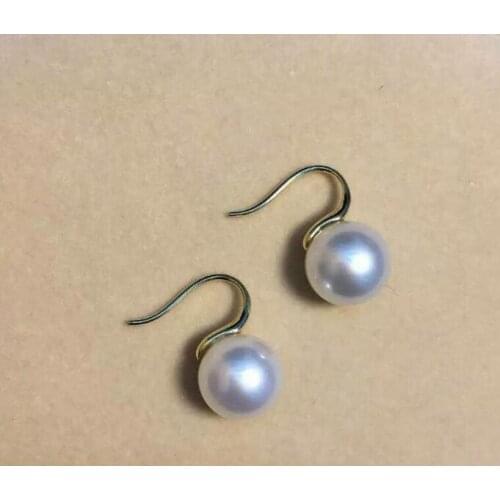 Free shipping Round South Sea Cultured Pearl 9-10 mm 14 kYellow Gold Earrings Top Grading