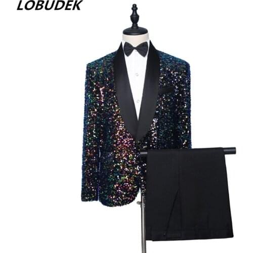 Men Sequins Tuxedo Suits Stage Costume Shiny Sequins Blazer Shawl Lapel 2 Pieces Singer Concert Nightclub Bar Performance Suits