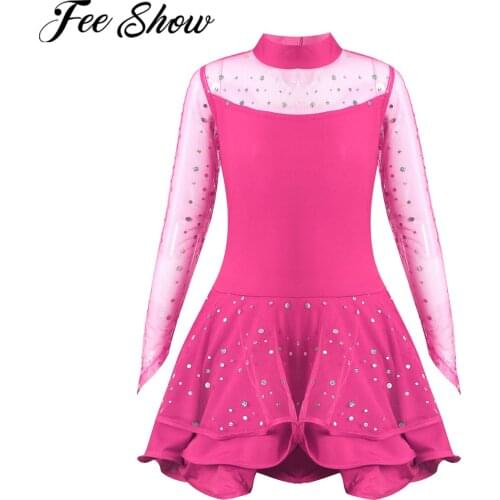 Kids Girls Clothes Set See-through Mesh Long Sleeve Sequins Dress Shorts Dance Clothing Suit Ballet Dancewear Latin Dance Dress