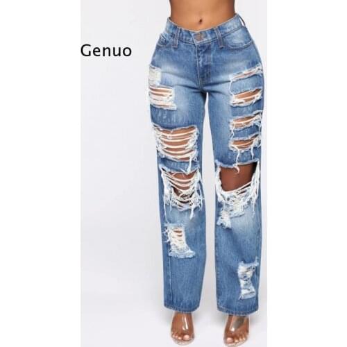 Mom Jeans High Waist Fashion Personality Hole-Free Straight Trousers New Model Streetwear Vintage Bell Bottom Ripped Jeans Women