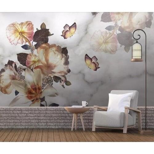 European modern fashion hand-painted flower butterfly jazz white marble background wall