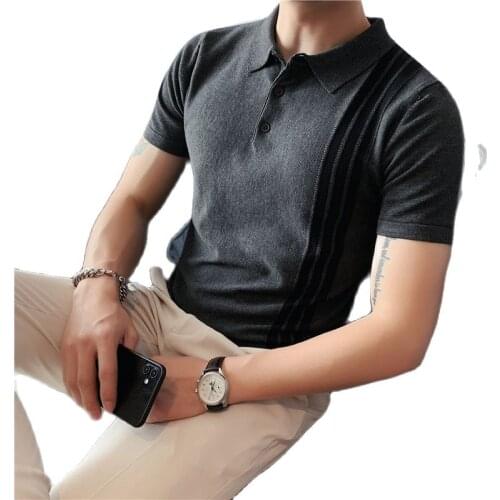2021 Summer Fashion Half Stripe Slim Stretch Knit T-shirt Mens Short Sleeve POLO Shirt