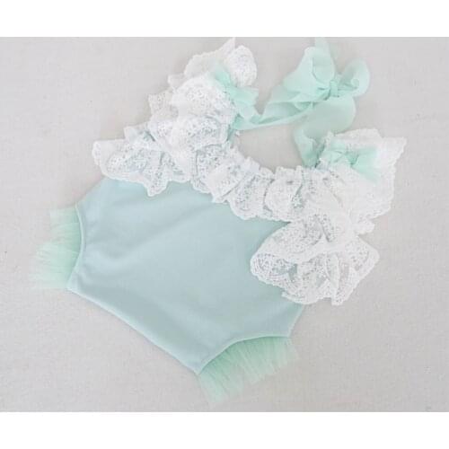 Soft Mint Green Lace Romper Set Newborn Photography Props Sweet Sewing Overall Baby Girl Lace Skirt Infant Bodysuit Shower Gift