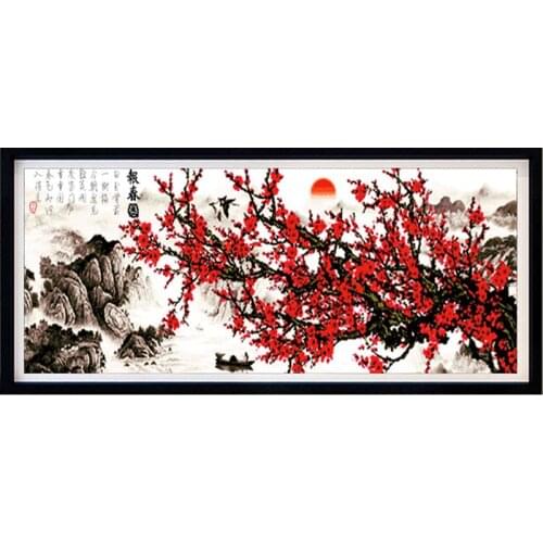 DIY Printed Cross Stitch Kits on The Embroidered Cloth Embroidery Sets Needlework Red Plum Flowers Mountain