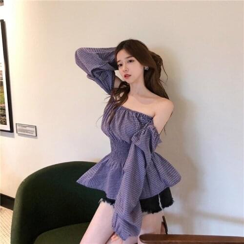 2019 Autumn New Chic Off Shoulder Long Sleeve Plaid Shirt Loose Slim Peplum Tops Sexy Club Blouse Blusa Chemise