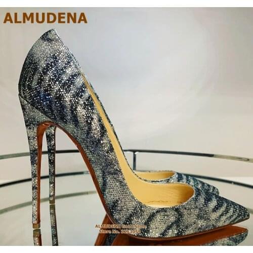 ALMUDENA Sexy Sequined Stripe Wedding Shoes Snakeskin Pattern Glitter Stiletto Heel Dress Pumps 12 10 8cm Shallow Cut Footwear