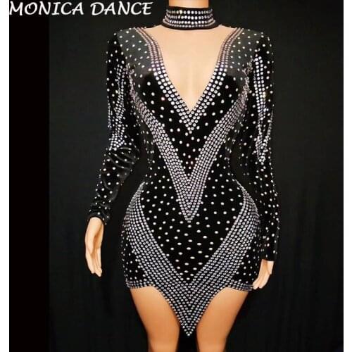 Sexy Mesh Collar Black Velvet Rhinestone Dress Birthday Party Prom Celebrate Outfit Latin Dance Costume Singer Dance Stage Dress