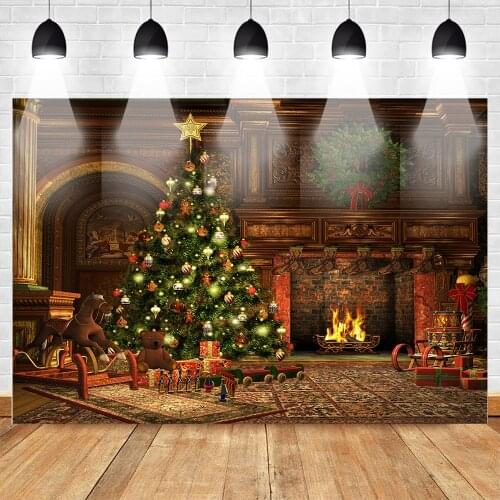 Christmas Photo Backdrop Home Party Decoration Christmas Background Fireplace Christmas Tree and Box Xmas Party Photo Booth