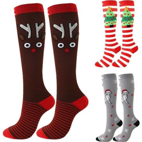 Christmas Compression Stockings Women Men Pressure Socks Compress Elk Pattern Elastic Knee-High Running Socks Gift