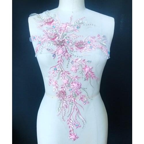 Handmade pink Hot drilling Rhinestone pearl lace embroidery patch applique wedding dress bordados DIY Performance clothing