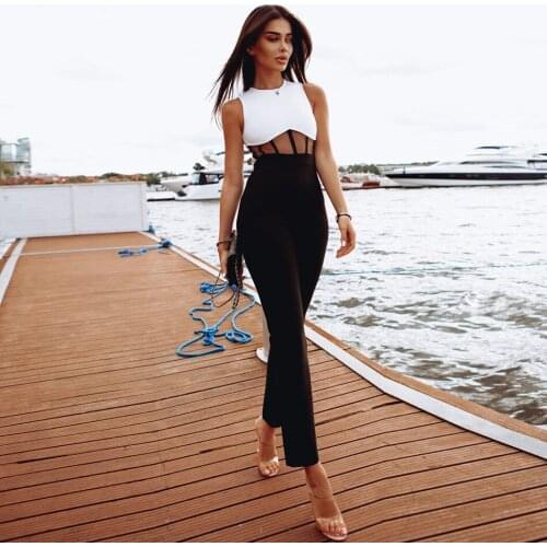 Sexy Women Playsuit White Black Yellow Green Evening club party Bodycon Jumpsuit O-Neck Womens Bandage Jumpsuits