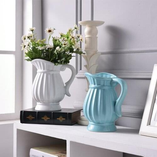 Nordic Retro Kettle Shape Ceramic Vase Blue White Ceramic Flower Vase Home Wedding Decoration Dried Artificial Flower Decor Vase