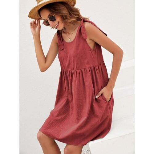 Sumemr Dress Women Clothing A-Line Dresses Bandage Sling Pockets O-Neck Sleevelss Loose Mini Dress For Women Vestidos Femme Robe