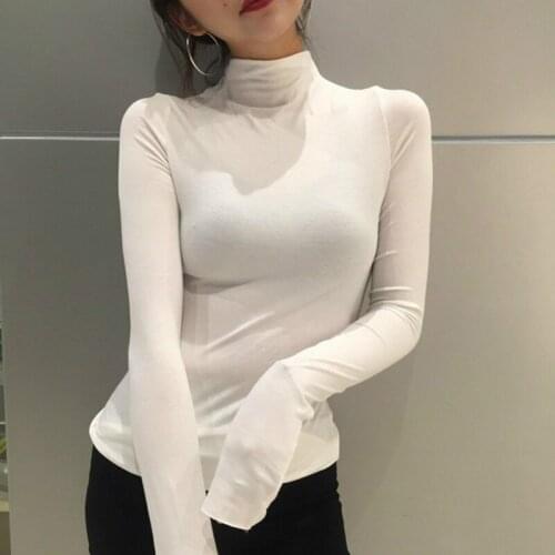 Female T-Shirt 2020 Solid Colors T Shirts for Women Turtleneck Long Sleeve O-neck Ladies OL Tops Camiseta Mujer