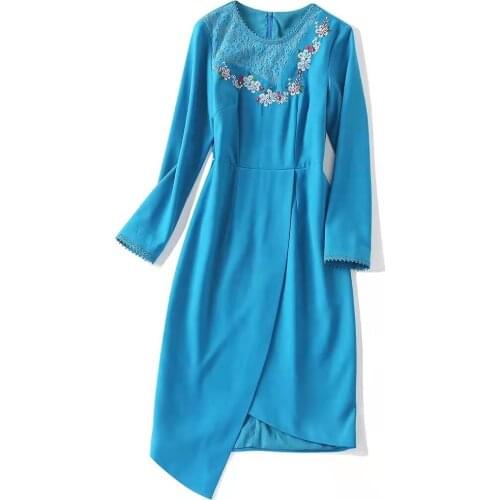 European and American womens wear new autumn 2022 Round collar with long sleeve lace and embroidery Fashion irregular dress