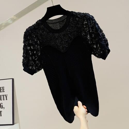 Sweet Flower Lace Stitching Slim Fit Thin Ice Silk Knitted T Shirt for Women Elegant Ladies Chic Top White Black Pink Summer