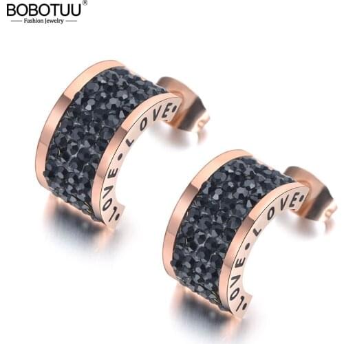 BOBOTUU Stainless Steel Semicircle Black Rhinestone Love Wedding Earrings For Women Rose Gold Engagement Earrings BE19047