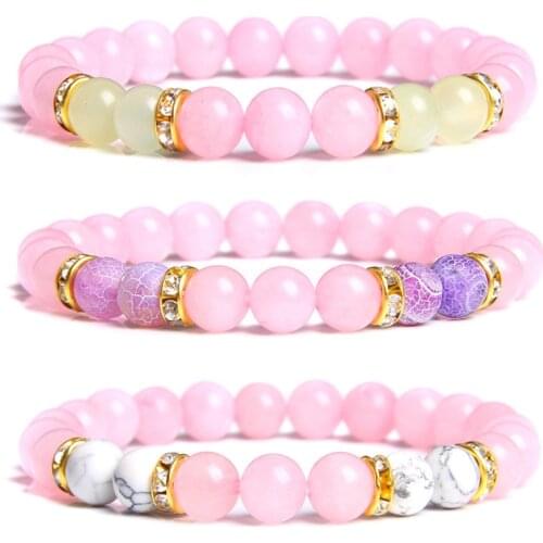 Women Bracelet Natural Pink Quartz Crystal Beads Bracelet 8mm Round Agates Turquoises Stone Beaded Charm Bracelet Jewelry