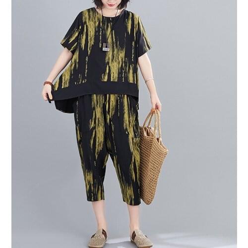 #0846 Summer Womens Two Piece Sets Short Sleeve O-neck Tee Shirts Women Large Size Tie Dye And Harem Pants Casual Loose Retro