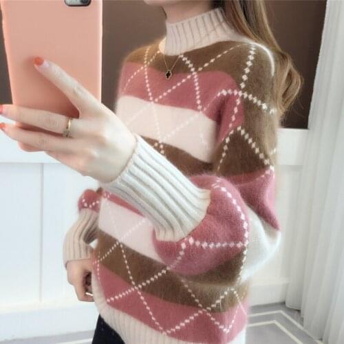 Womens Sweater New Korean Sleeve Half Turtleneck Colorblock Loose Long Sleeve Bottoming Sweater