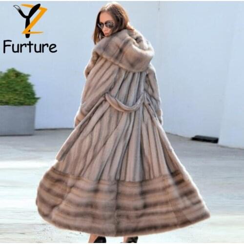 Winter Woman Luxury Real Mink Fur Hooded Coat 130CM Long Fashion Skirt Hem Design Thick Warm Outerwear Full Mink Pelt Sashes Fur