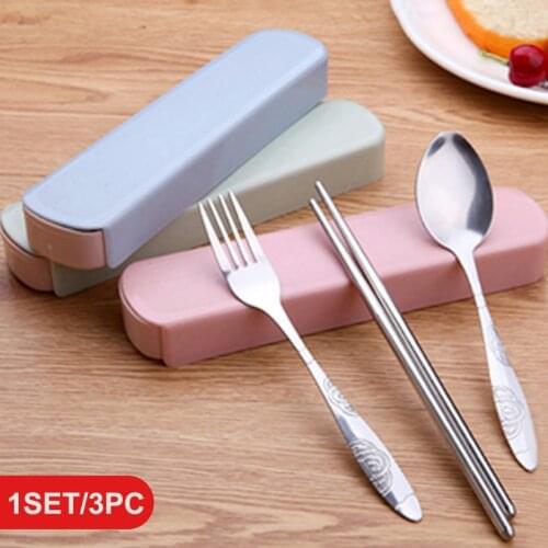 1SET Stainless Steel Cutlery Box Set of Three Travel Portable Lovely Long Spoon Spoon Fork Chopsticks Box