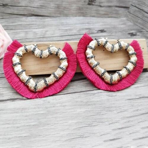 1 pair Love shape cotton Silk Tassel Earrings Metal Pave Rhinestone Women Jewelry Bohemia Earrings Christmas gift ER700