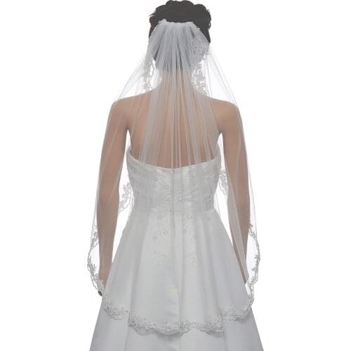 1T 1 Tier Flower Scallop Embroided Lace Pearl Veil Fingertip Length 36" Velos De Novia Catedral Wedding Accessories