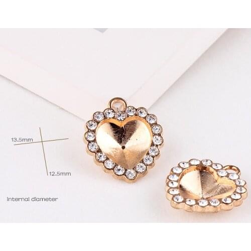 12.5x13.5mm Heart Champagne Gold Pendants Crystal Rhinestone Setting Cabochon Cameo Base Tray Bezel Blank DIY Jewelry Finding