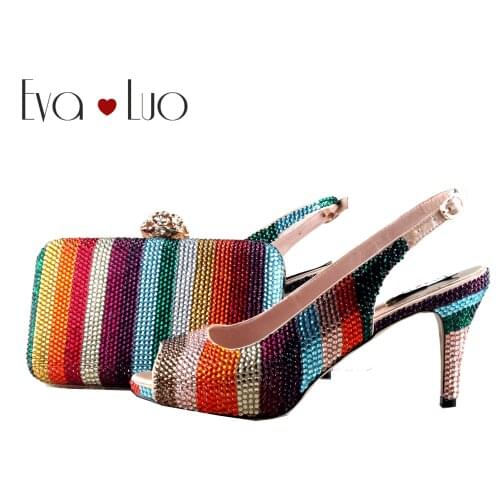 BS1107 Custom Handmade Multicolor Crystal Shoes and Bag Set SlingBacks High Heel Women Shoes Bridal Wedding Shoes