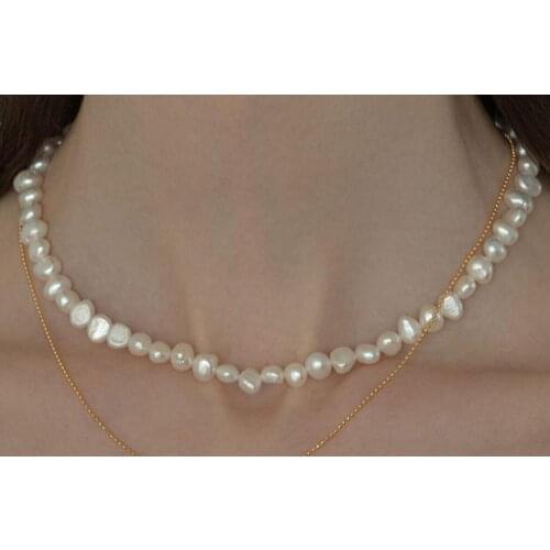 8x9mm white baroque flat pearl necklace gold clasp extend chain natural Freshwater PEARL Women Jewelry 14'' 17'' 35cm 43cm